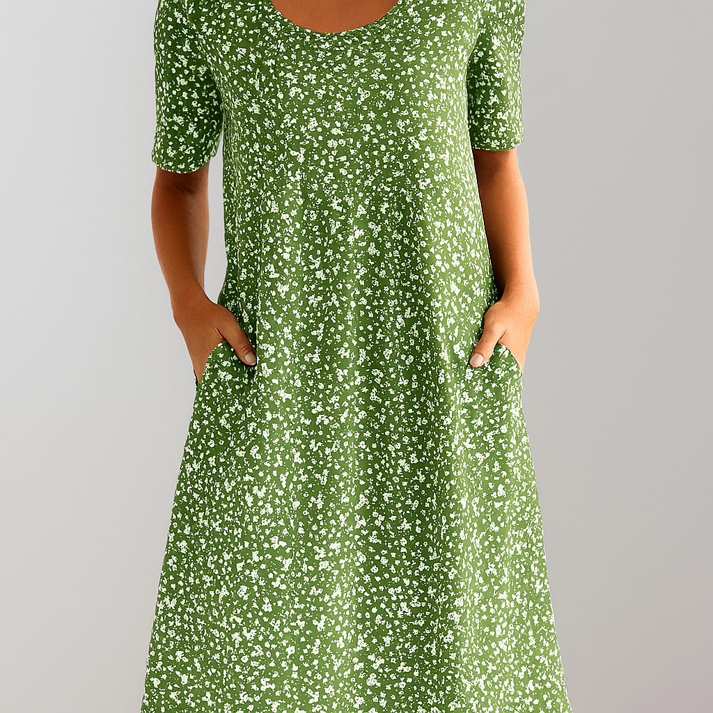 Women's Floral Midi Dress High Waist With Pockets
