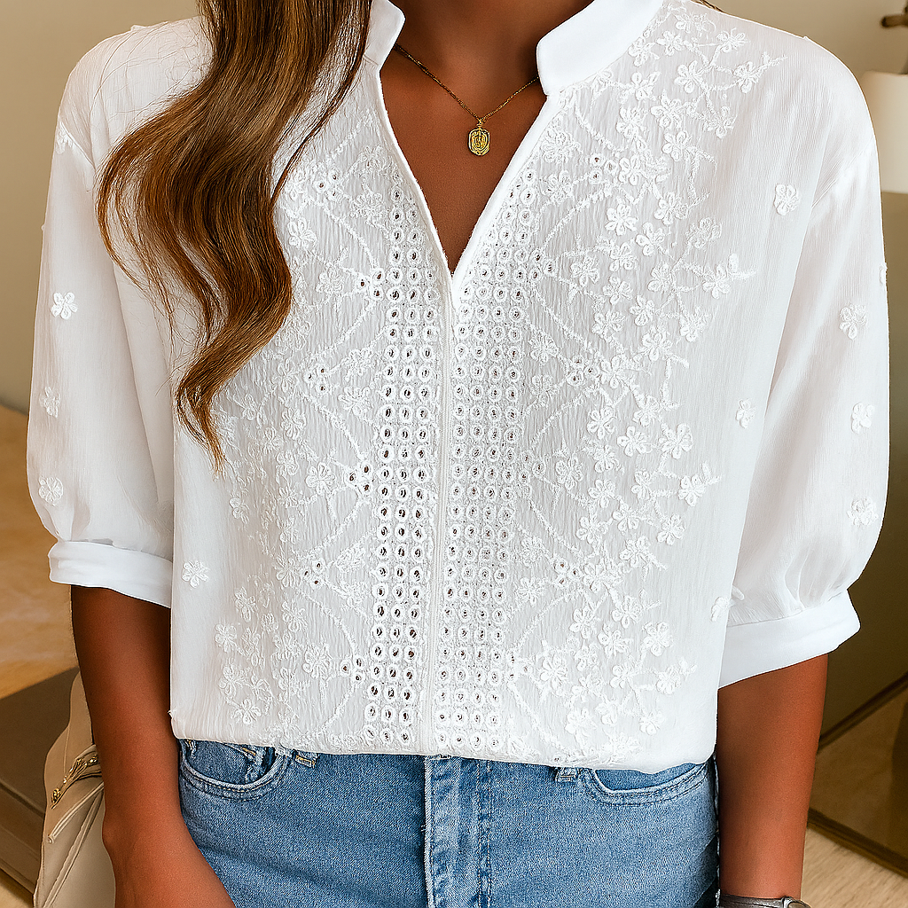 Women's V Neck Lace Blouse White - VibreMode