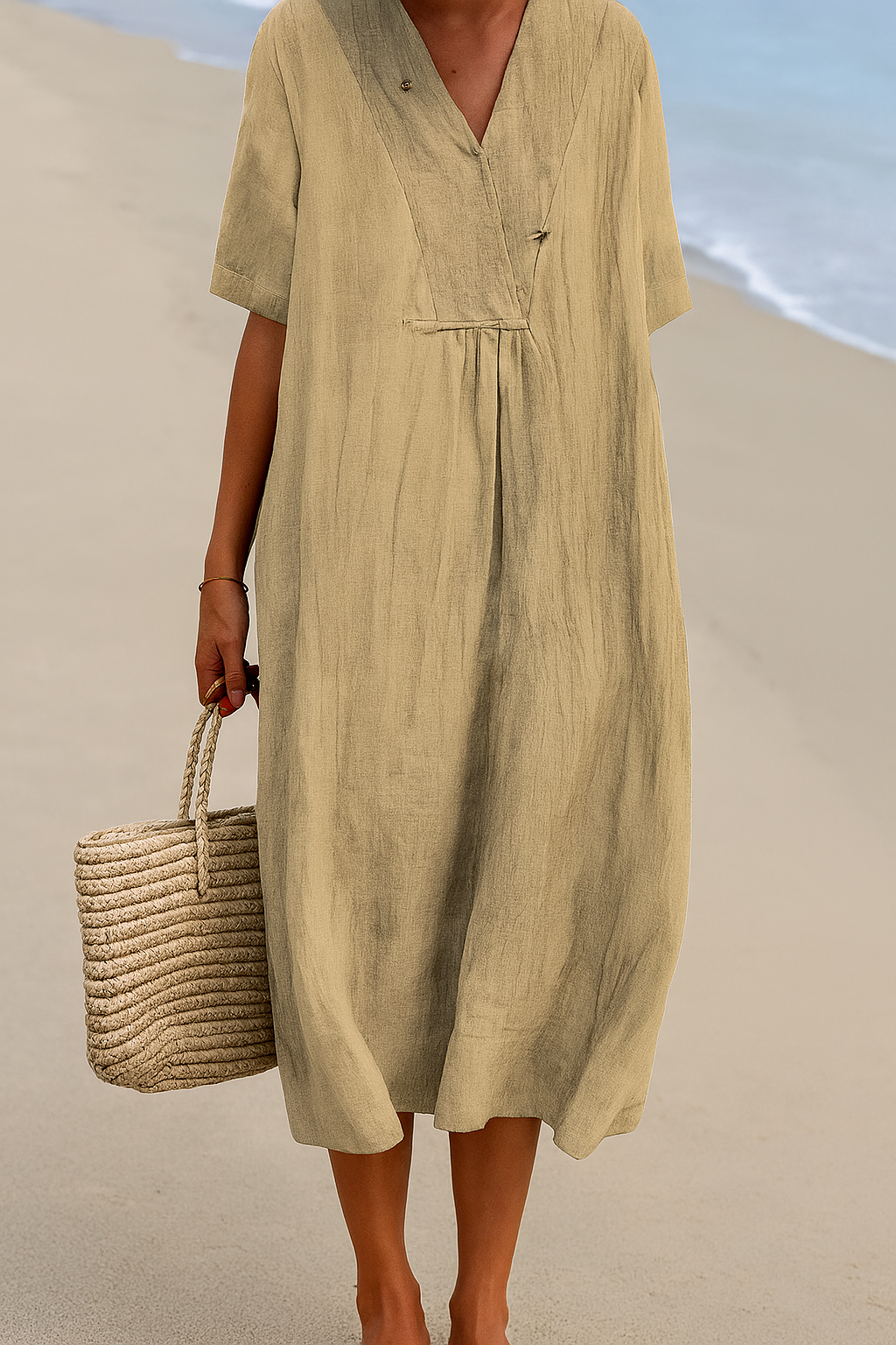 Women's Relaxed V-Neck Short Sleeve Beach Dress