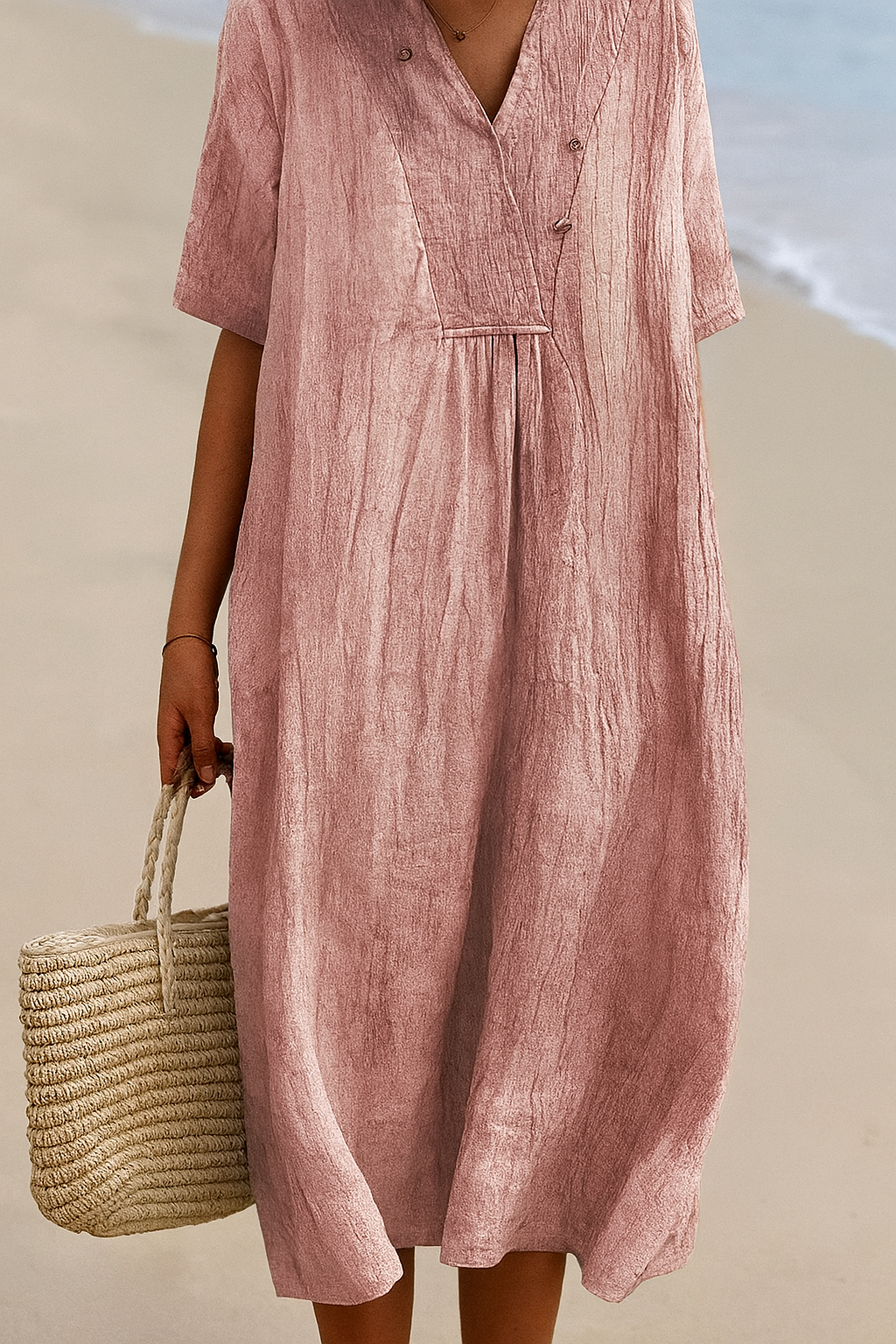 Women's Relaxed V-Neck Short Sleeve Beach Dress