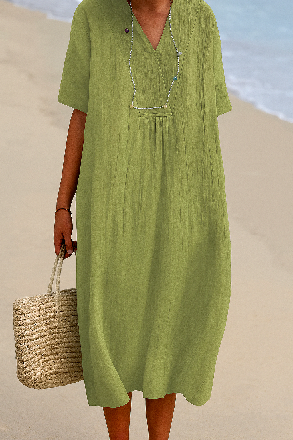 Women's Relaxed V-Neck Short Sleeve Beach Dress