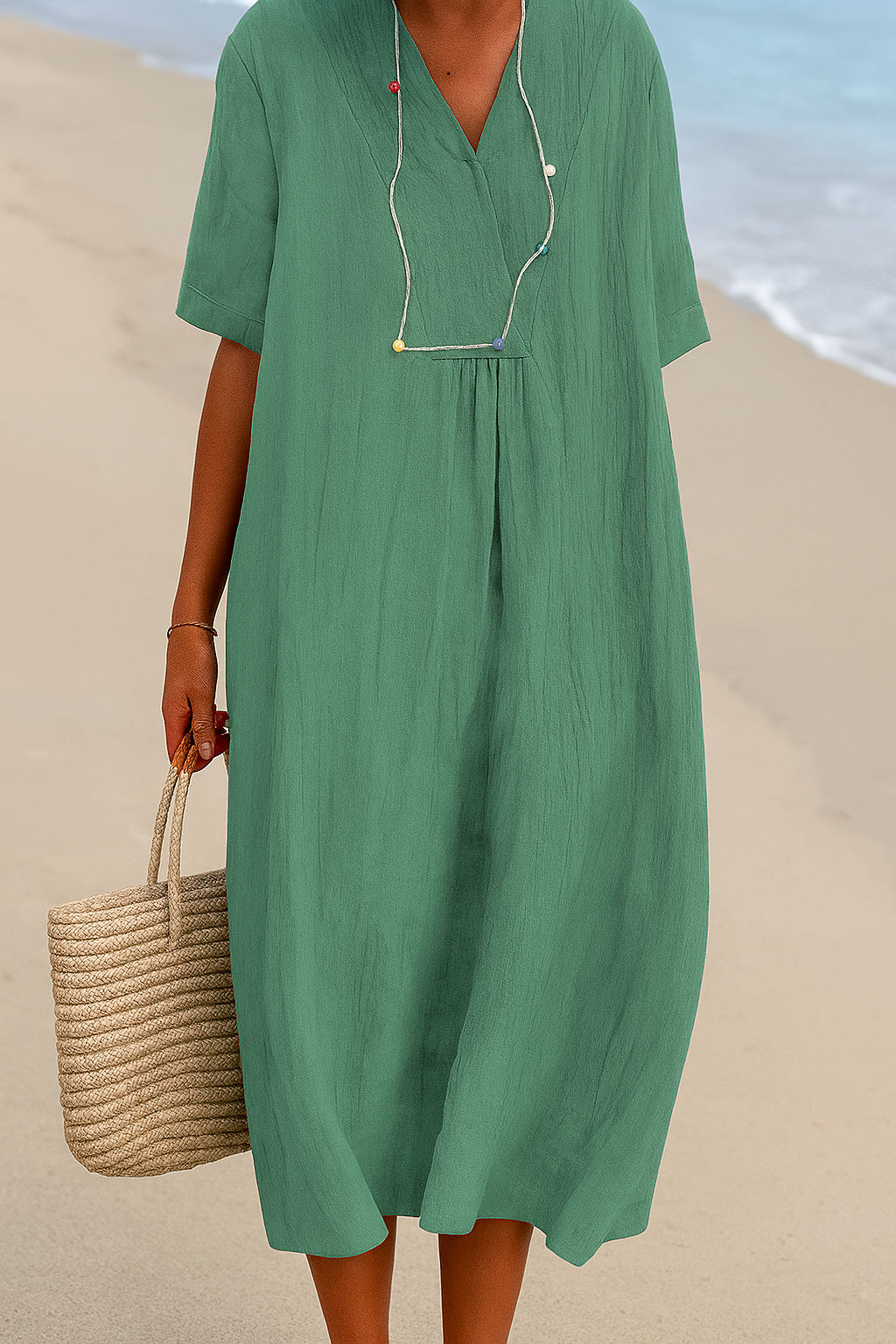 Women's Relaxed V-Neck Short Sleeve Beach Dress