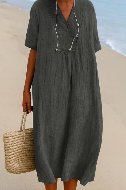 Women's Relaxed V-Neck Short Sleeve Beach Dress - VibreMode