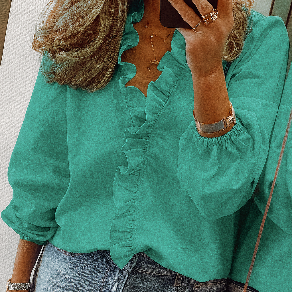 Women's Puff Sleeve Blouse Teal Ruffle Trim