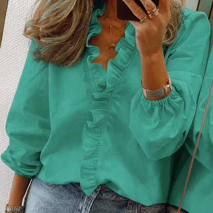 Women's Puff Sleeve Blouse Teal Ruffle Trim
