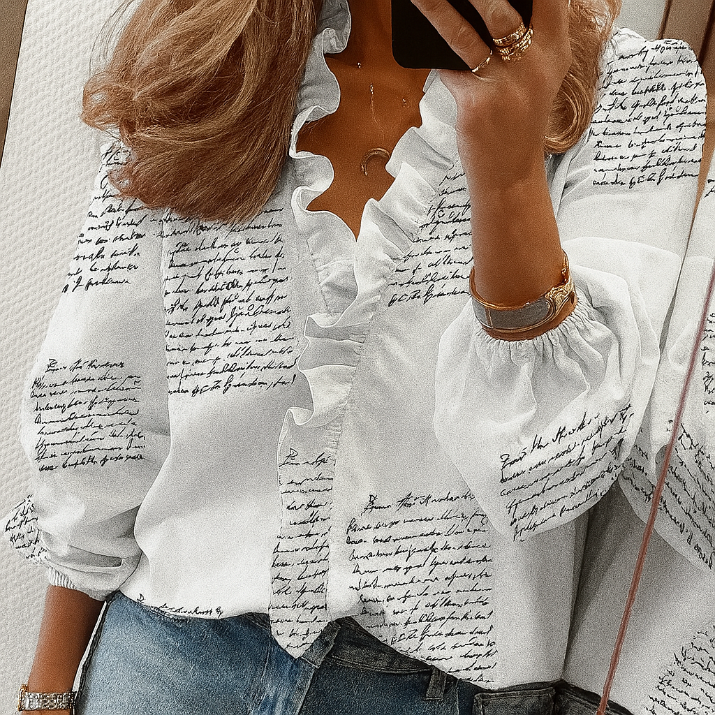 Women's Puff Sleeve Blouse Teal Ruffle Trim