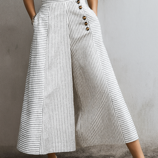 Women's Striped Wide Leg Trousers Lightweight High Waist - VibreMode