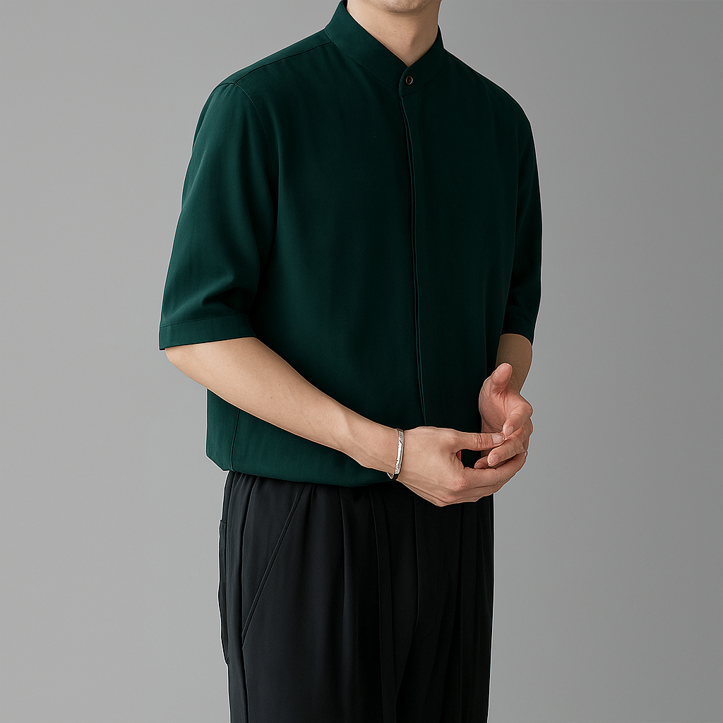 Men's Mandarin Collar Long Sleeve Shirt - VibreMode