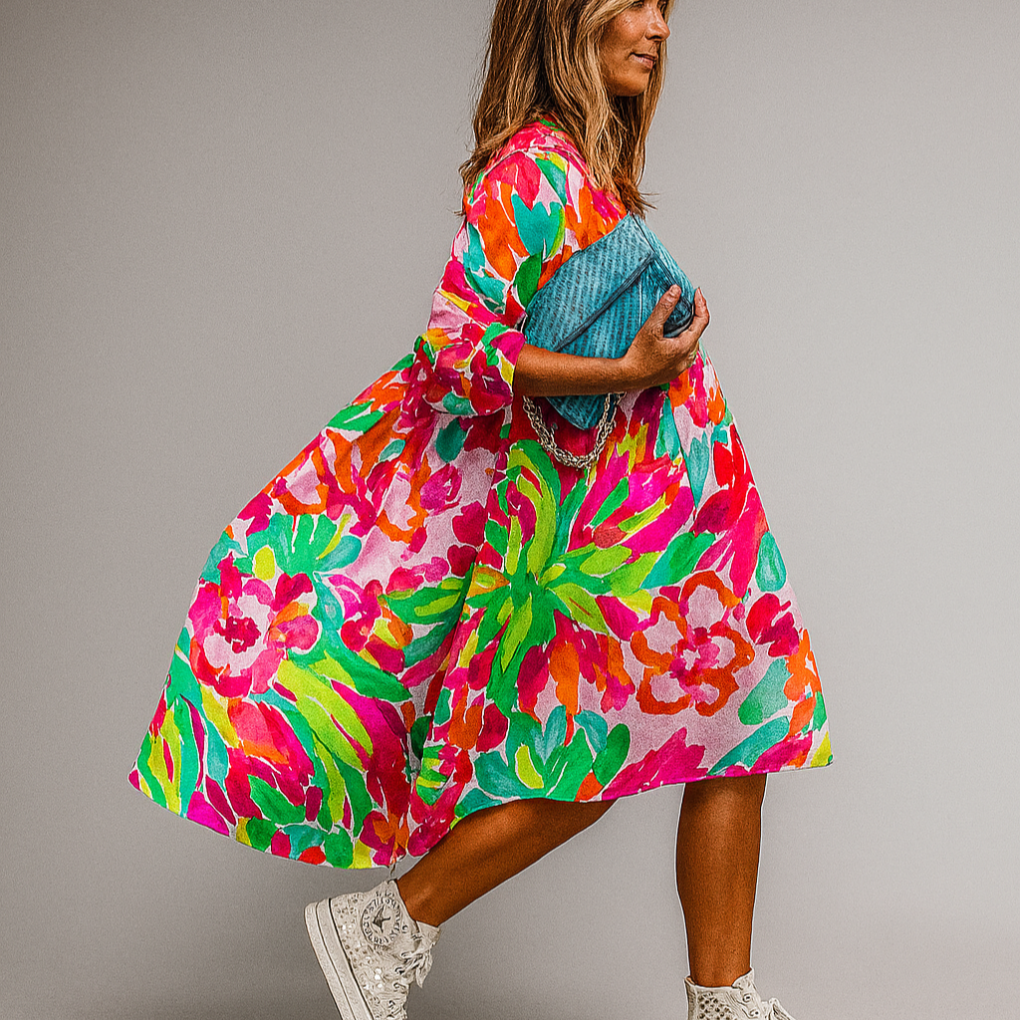 Women's Midi Shirt Dress Floral Print Oversized - VibreMode