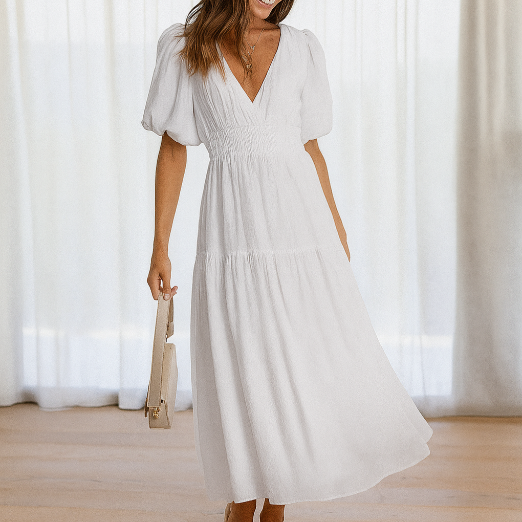 Women's V Neck Midi Dress Elastic Waist