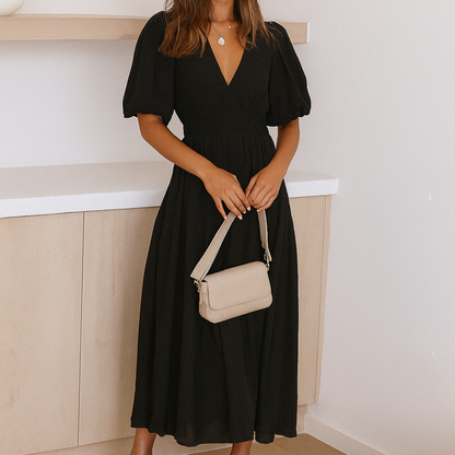 Women's V Neck Midi Dress Elastic Waist - VibreMode