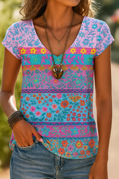 Women's V-Neck T-Shirt Floral Print Casual - VibreMode