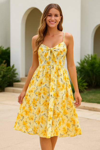 Women's Yellow Floral Summer Dress - VibreMode