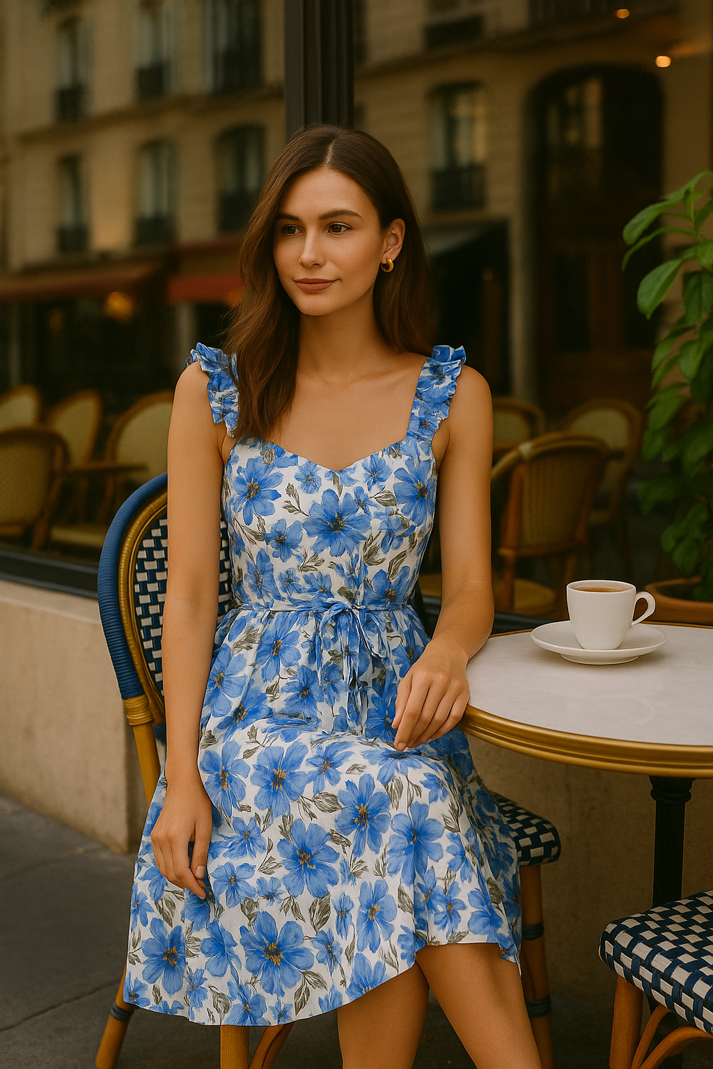 Women's Blue Floral Midi Dress Ruffled Straps