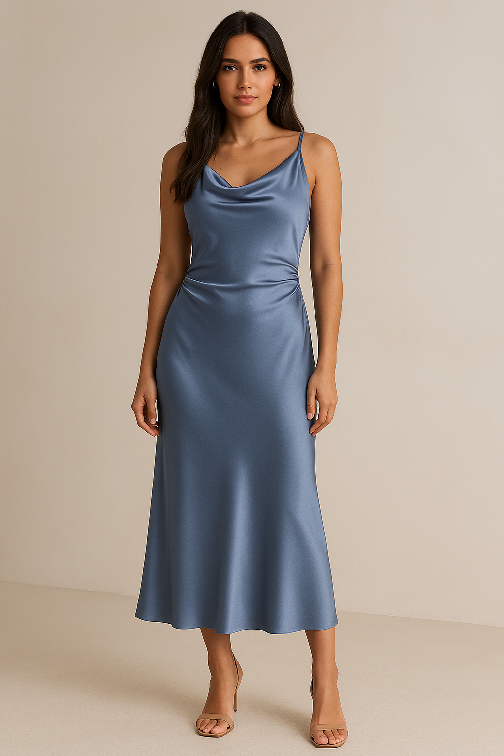 Women's Satin Cowl Neck Midi Dress Light Blue - VibreMode