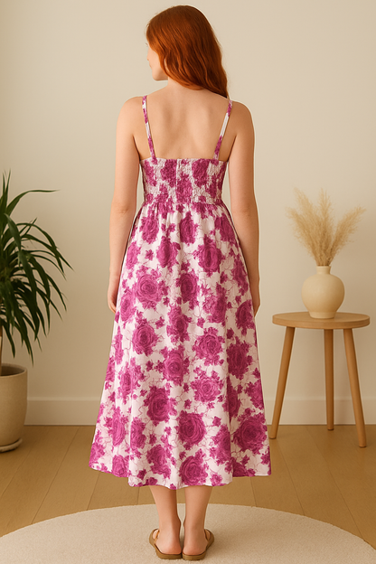 Women's Floral Maxi Dress Cotton Smocked Pink White