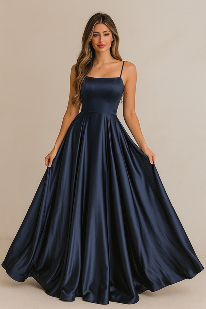 Navy Satin A-Line Evening Dress