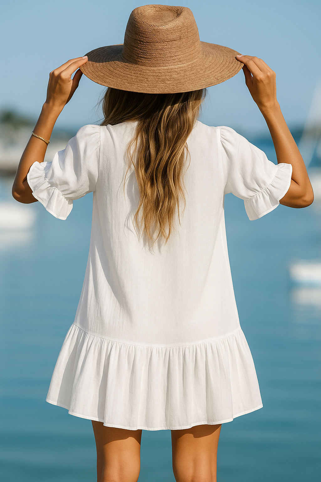 Women's Linen Ruffle Dress White