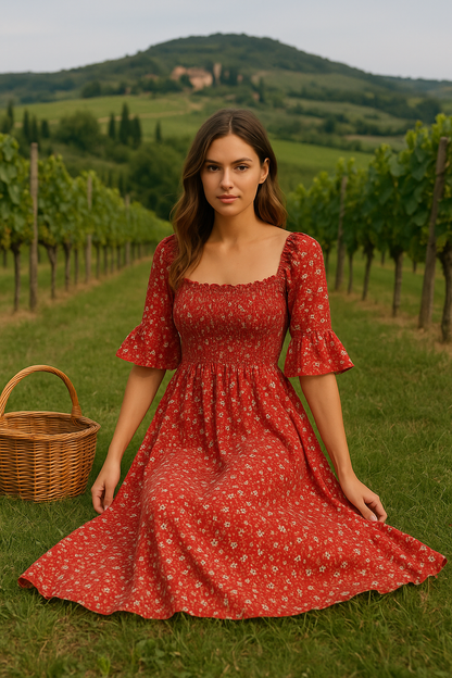 Women's Floral Midi Dress Square Neck Ruffle Sleeves Red