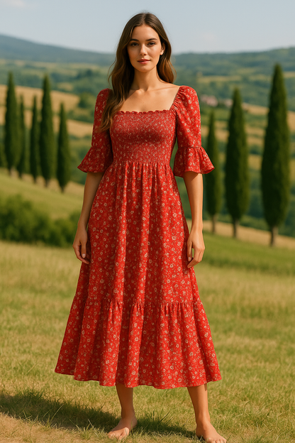Women's Floral Midi Dress Square Neck Ruffle Sleeves Red - VibreMode