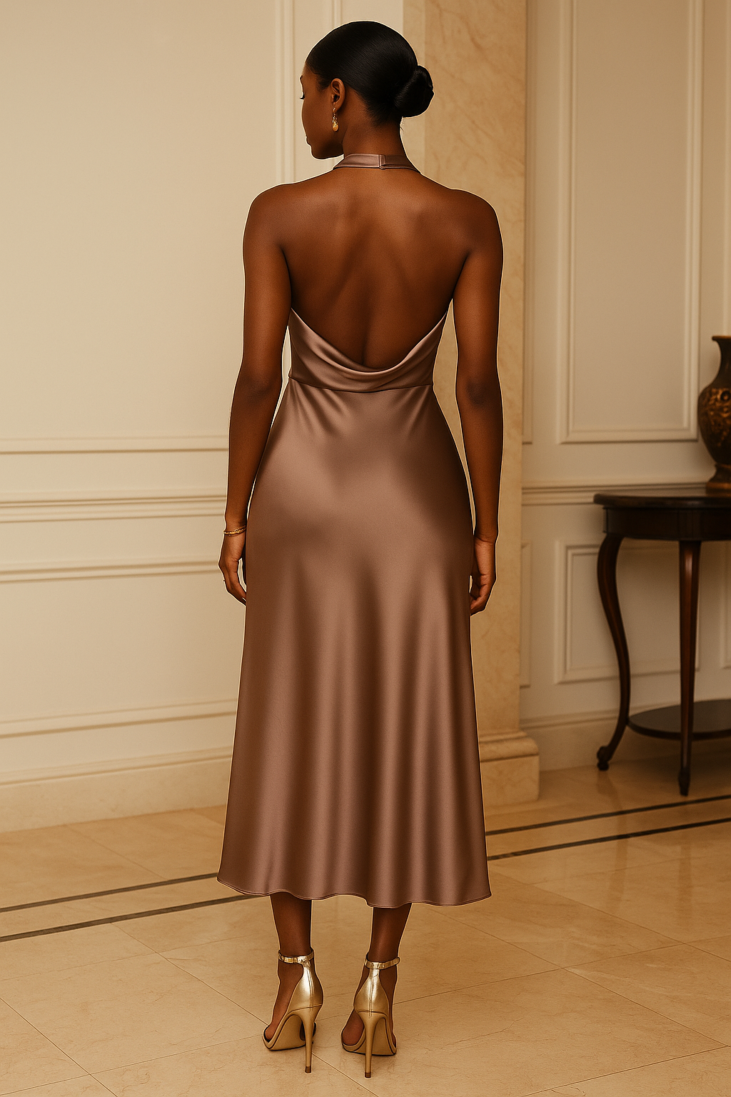 Women's Satin Midi Dress Champagne Halter Neck