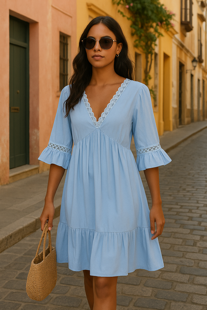 Women's Midi Dress Sky Blue Lace Trim