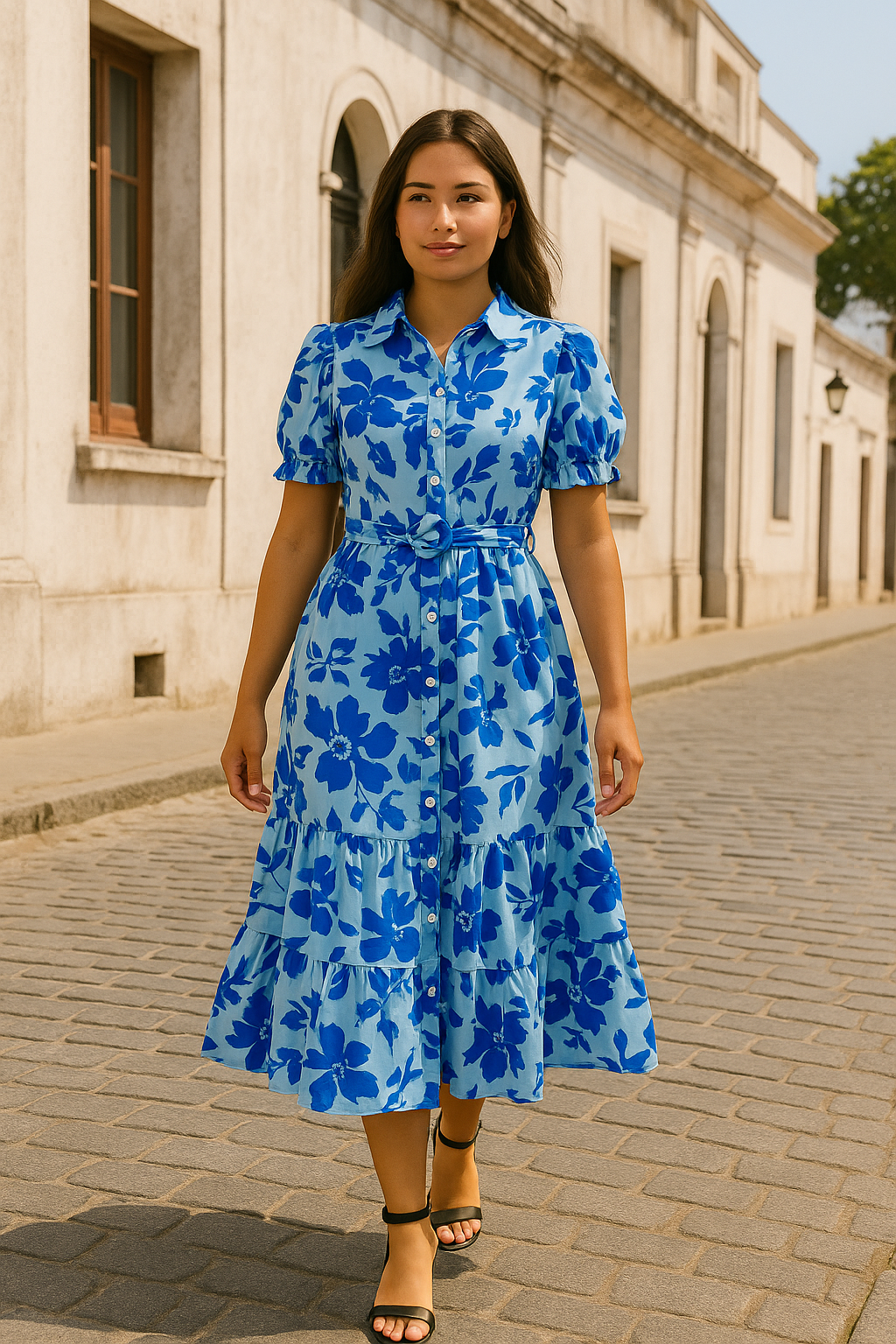 Women's Midi Dress Floral Light Blue Bold Print - VibreMode