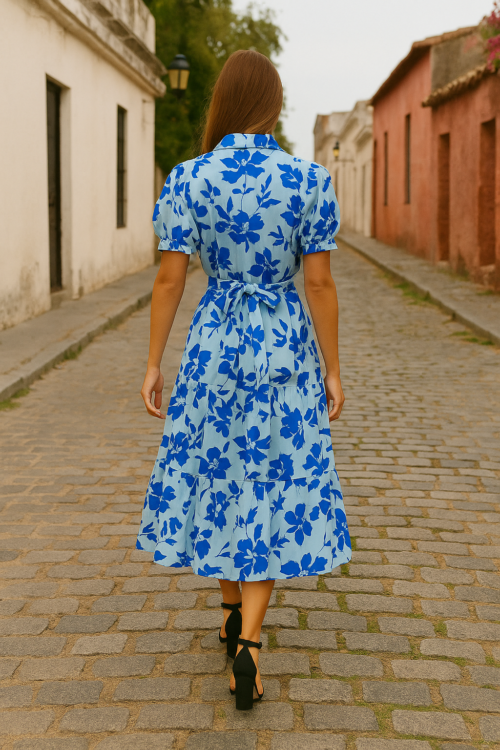Women's Midi Dress Floral Light Blue Bold Print