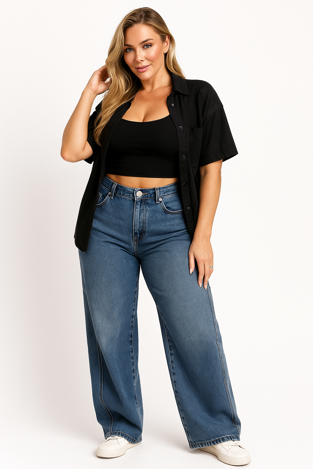 Women's Wide Leg Cargo Jeans High-Waisted Denim Blue - VibreMode