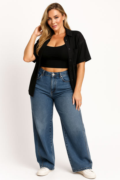 Women's Wide Leg Cargo Jeans High-Waisted Denim Blue - VibreMode