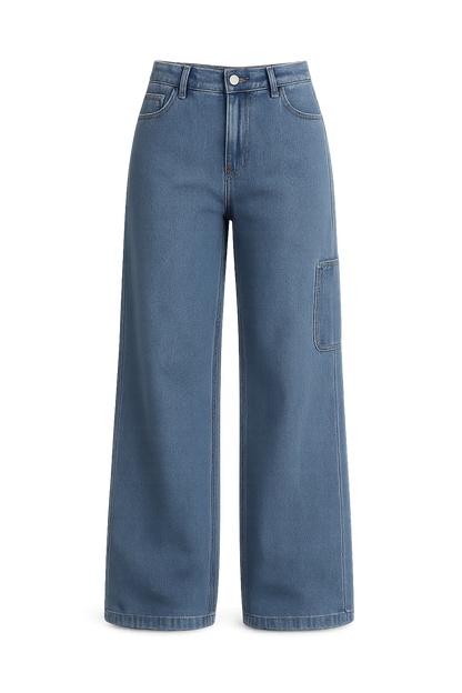 Women's Wide Leg Cargo Jeans High-Waisted Denim Blue