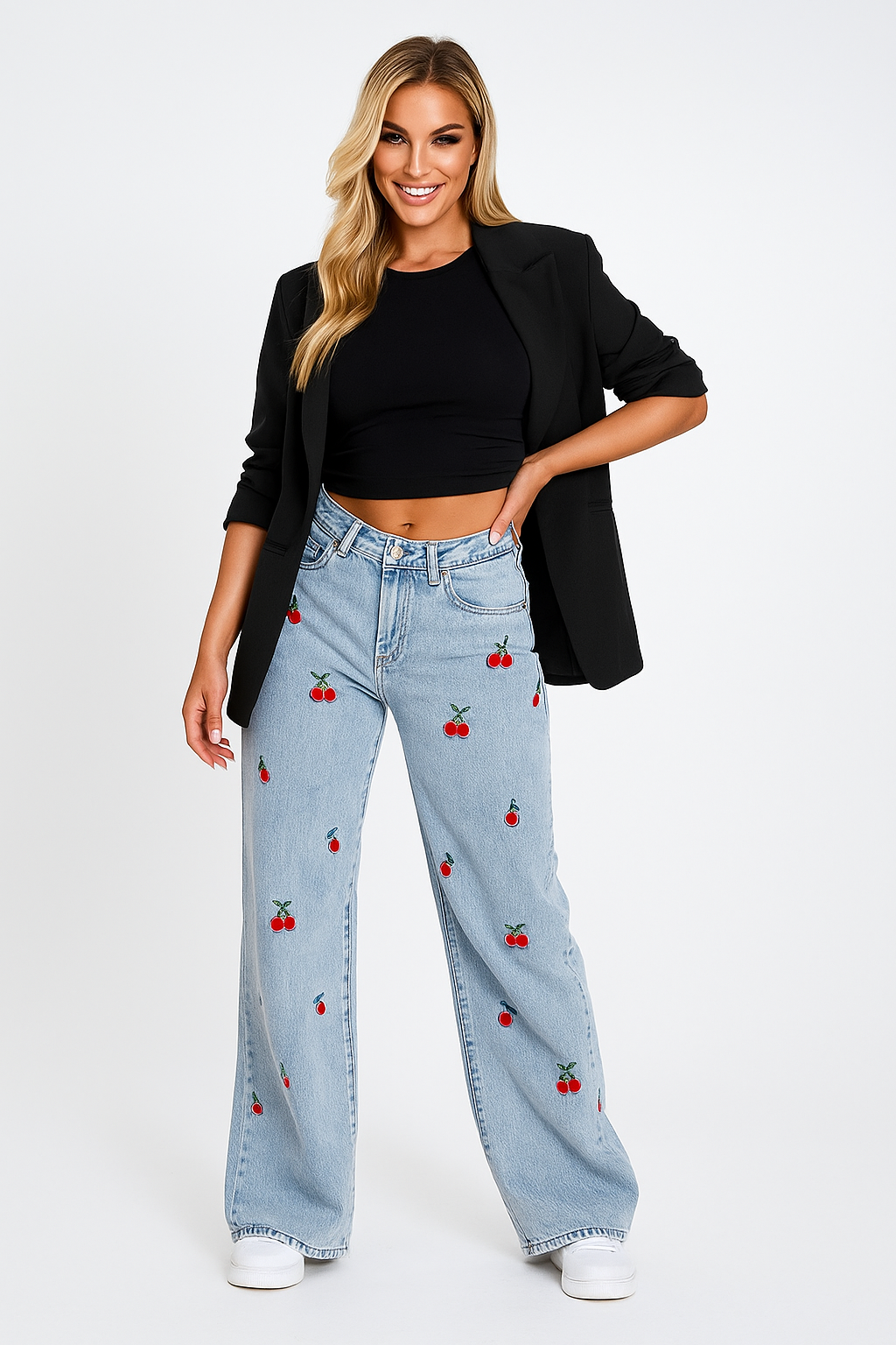 Women's High Waist Wide Leg Distressed Denim Jeans Blue - VibreMode