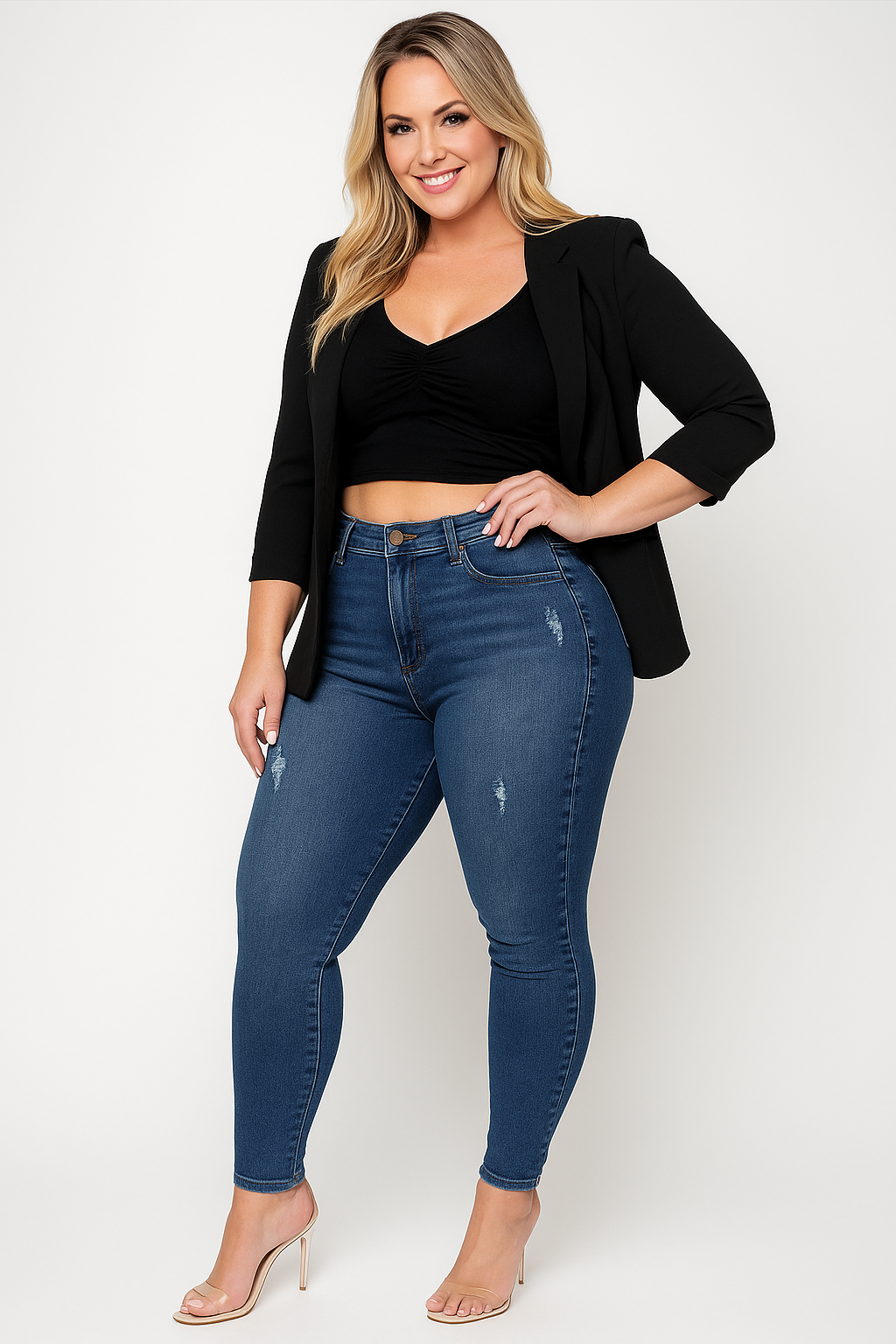Women's High Waisted Slim Fit Jeans Blue Distressed Denim Shorts - VibreMode