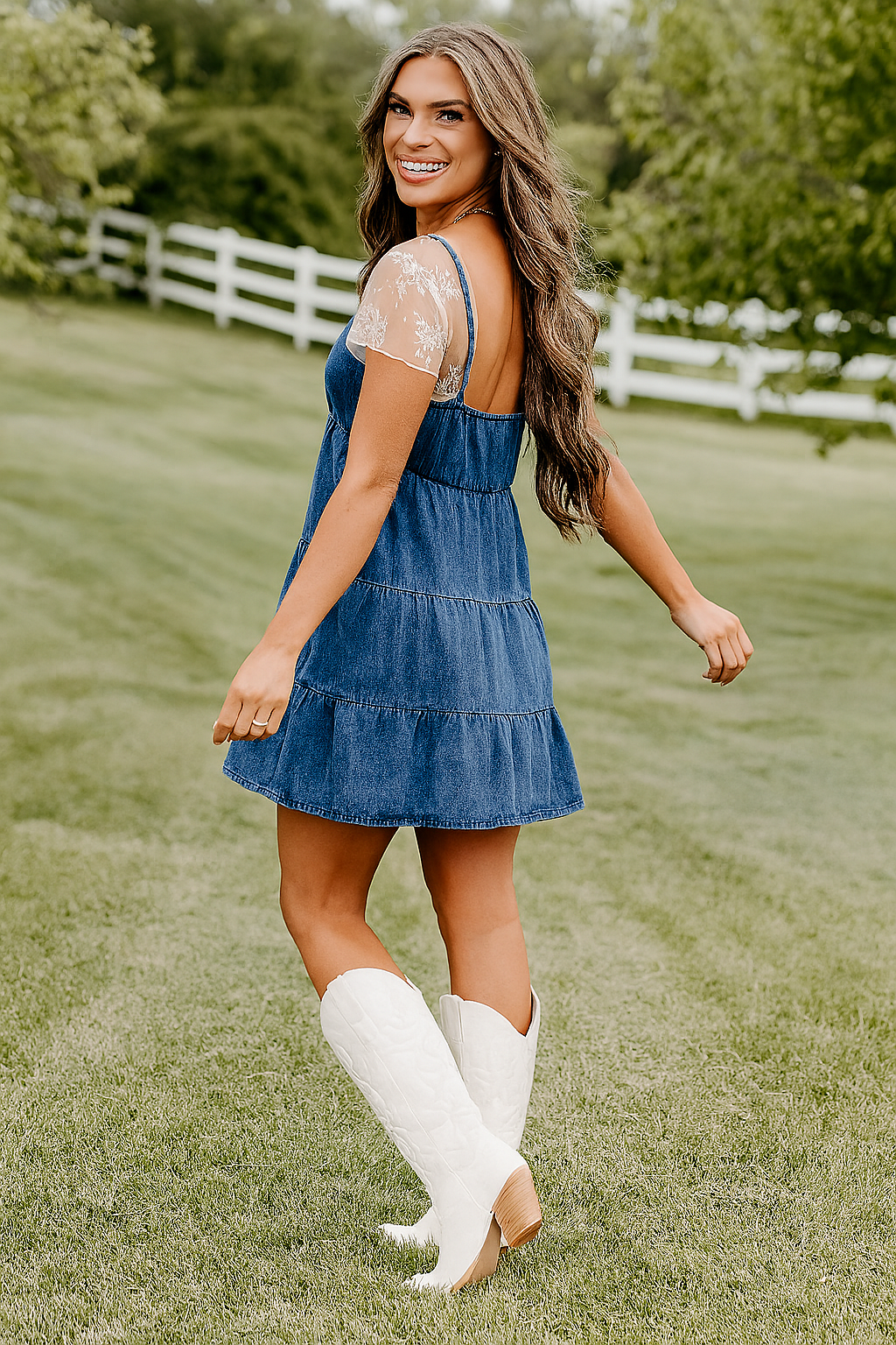 Women's Denim Mini Dress with Lace - VibreMode