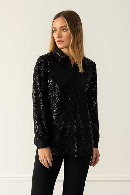 Women's Black Sequin Button-Up Shirt Modern Glam - VibreMode