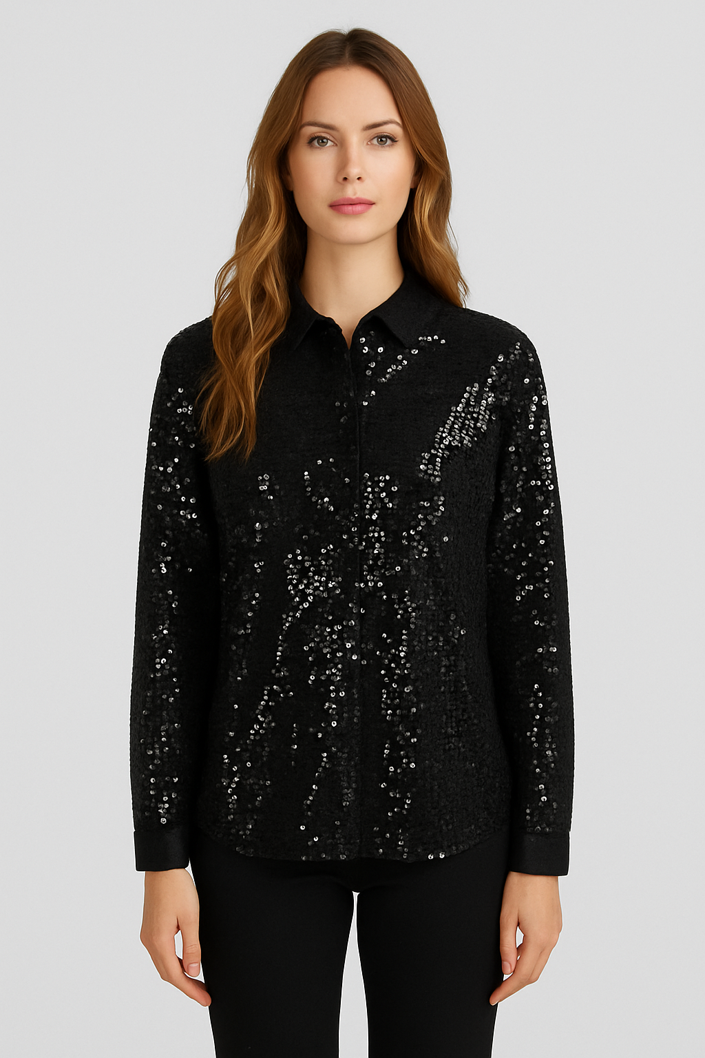Women's Black Sequin Button-Up Shirt Modern Glam