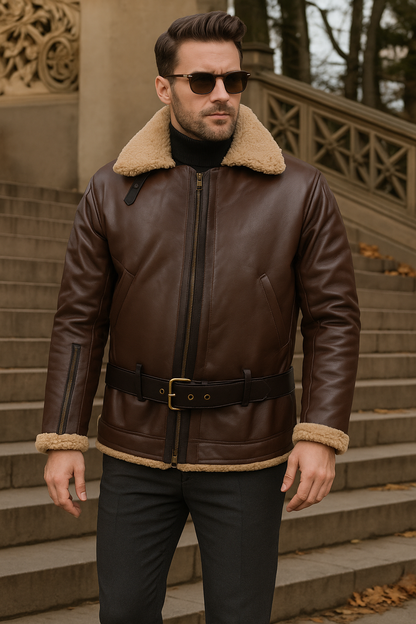 Men's Sheepskin Flying Jacket Warm Classic Aviator Brown - VibreMode