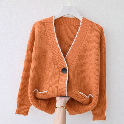Women's V-Neck Cardigan Sweater With Patch Pockets - VibreMode