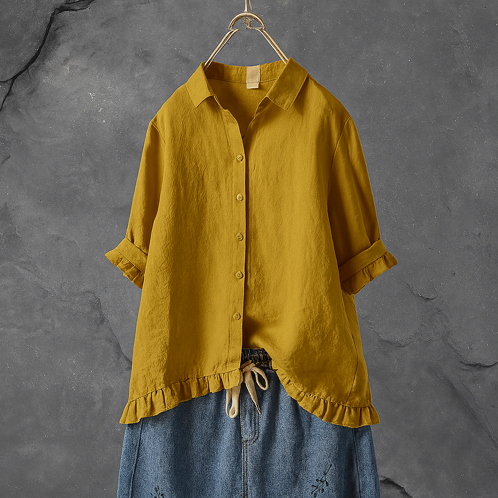 Women's Cotton Blouse Button Down Ruffled Hem - VibreMode