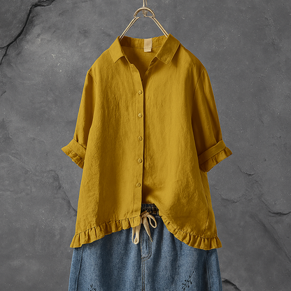 Women's Cotton Blouse Button Down Ruffled Hem - VibreMode