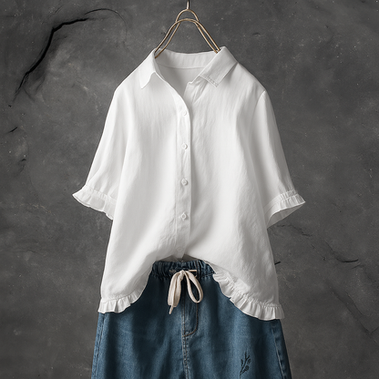 Women's Cotton Blouse Button Down Ruffled Hem