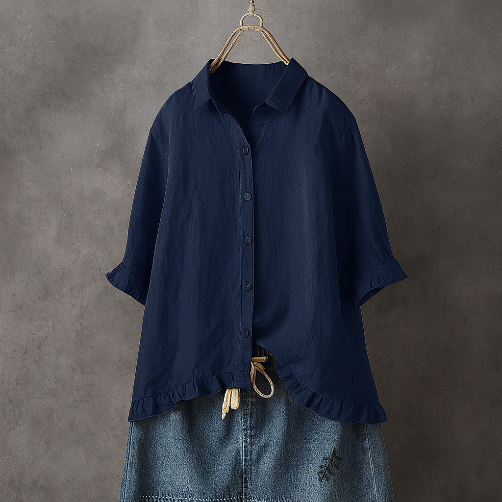 Women's Cotton Blouse Button Down Ruffled Hem