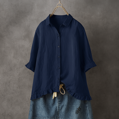 Women's Cotton Blouse Button Down Ruffled Hem
