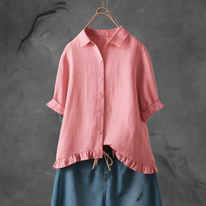 Women's Cotton Button Down Blouse Ruffled Hem