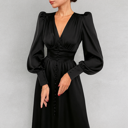 Women's V-Neck Midi Dress Puff Sleeve Silky - VibreMode