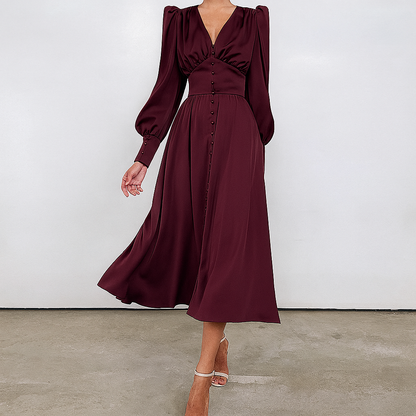 Women's V-Neck Midi Dress Puff Sleeve Silky