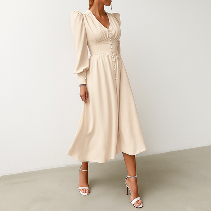 Women's V-Neck Midi Dress Puff Sleeve Silky