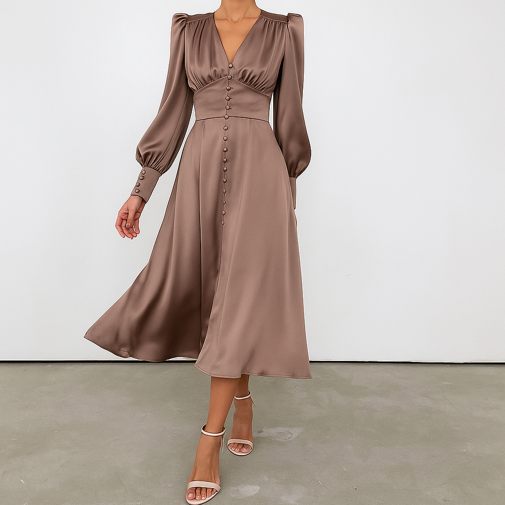 Women's V-Neck Midi Dress Puff Sleeve Silky