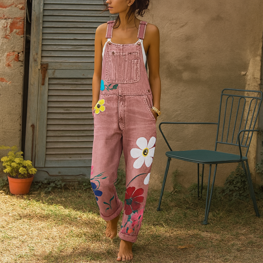 Women's Denim Jumpsuit Floral Pattern - VibreMode