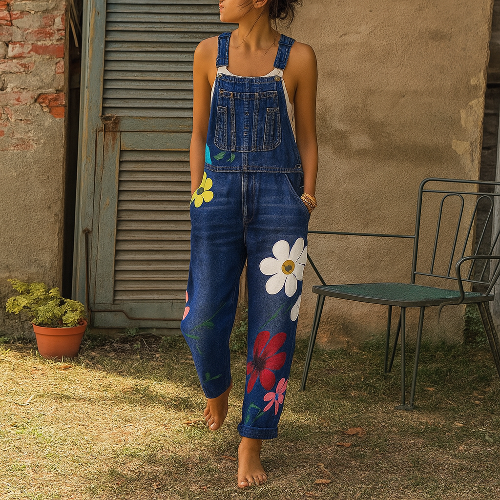Women's Denim Jumpsuit Floral Pattern